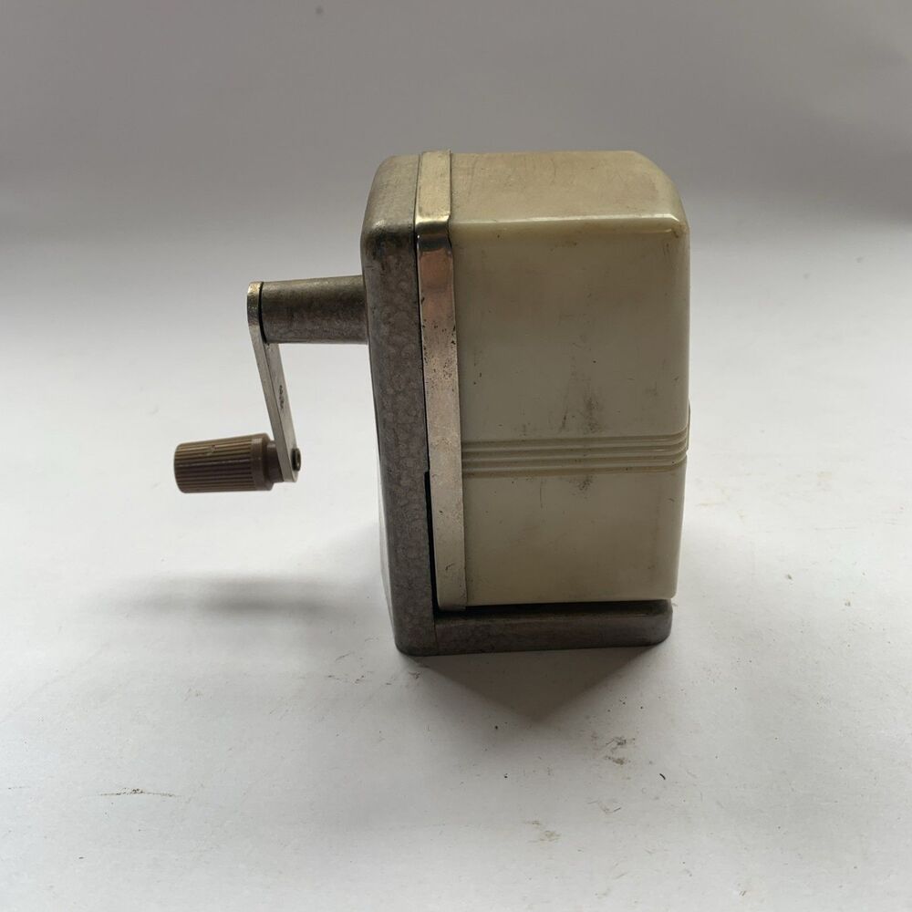 White Bostonette Pencil Sharpener Hand Crank Screw Mount Desk Wall 3.5” VTG Shop